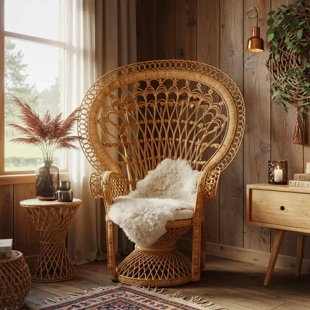 A beautiful, sculptural rattan peacock chair used as a bohemian accent in a rustic farmhouse living room.