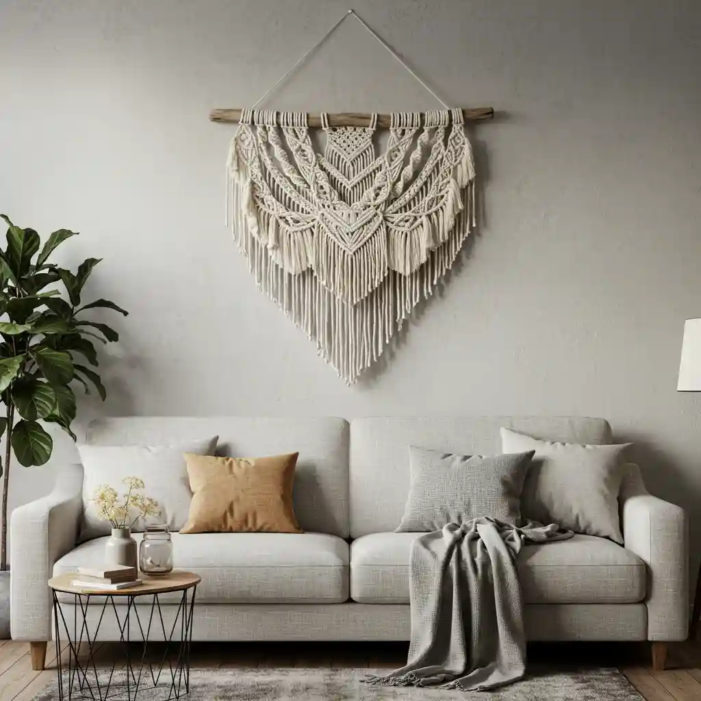 A large, intricate, handmade macrame wall hanging used as a textural focal point in a boho farmhouse living room.