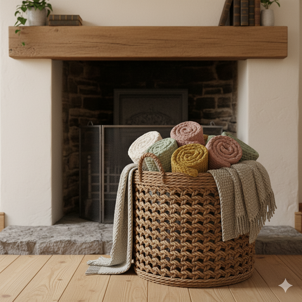 A large woven seagrass basket used for cozy storage of throw blankets in a cottage living room.