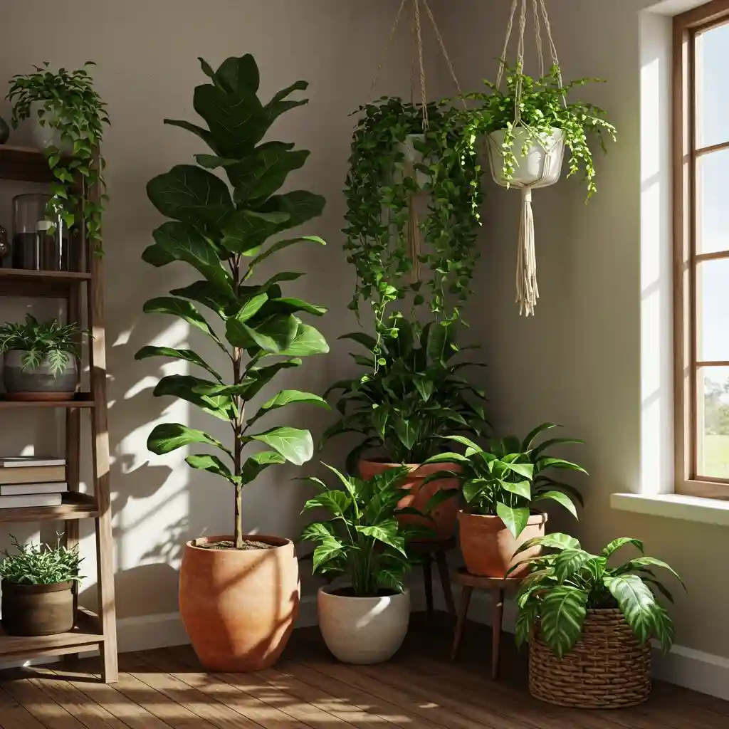 A lush, green corner of a boho rustic farmhouse living room, filled with a variety of houseplants.