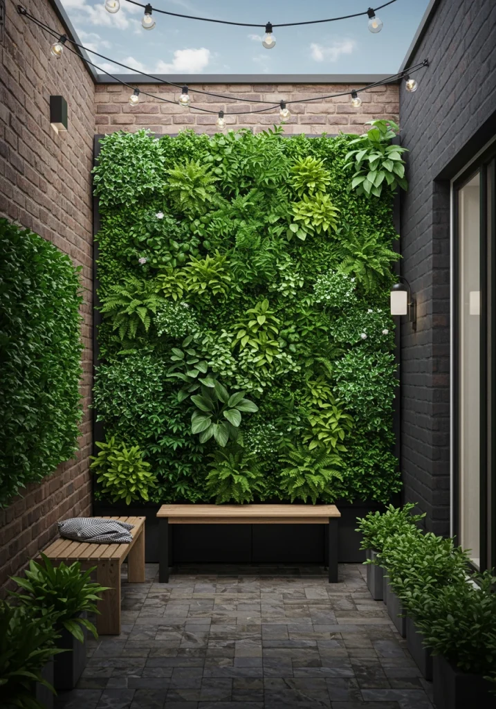 A stunning living wall used as a vertical garden in a small, modern backyard oasis.