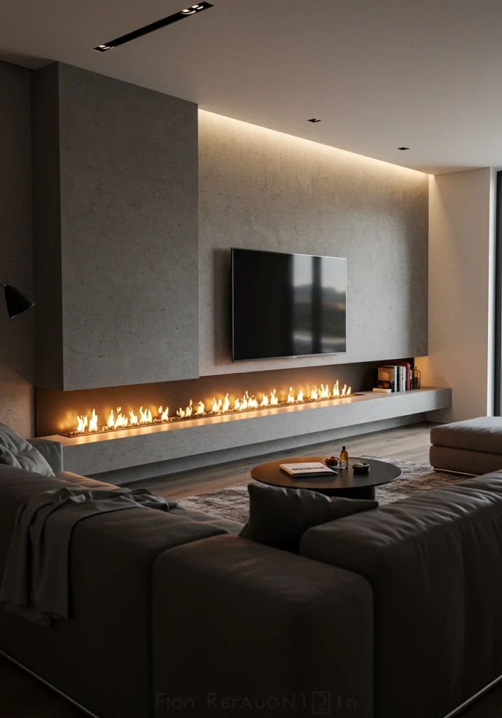 A modern living room layout with the TV mounted above a linear gas fireplace.