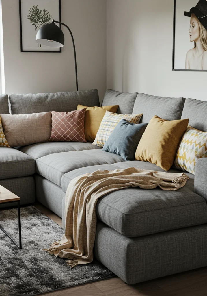 A comfortable and stylish family room with a large, deep-seated sectional sofa in a durable fabric.