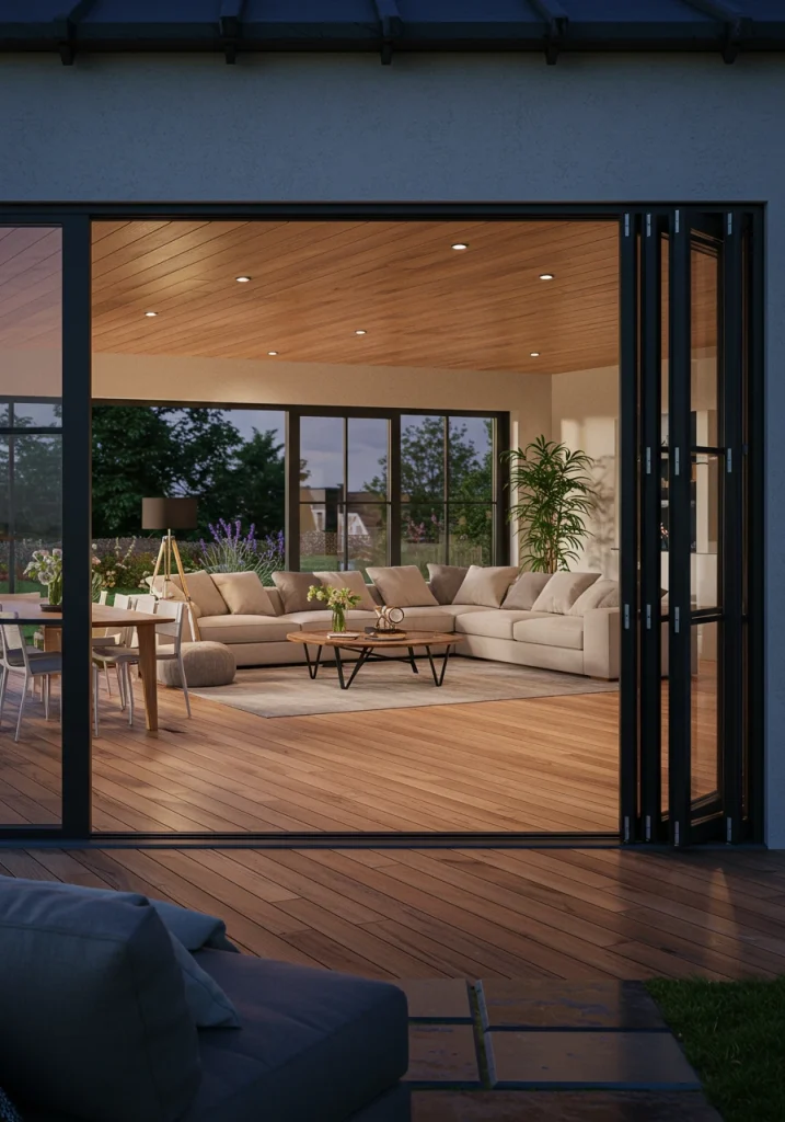 A modern indoor-outdoor living room with large glass bi-fold doors opened to a patio.