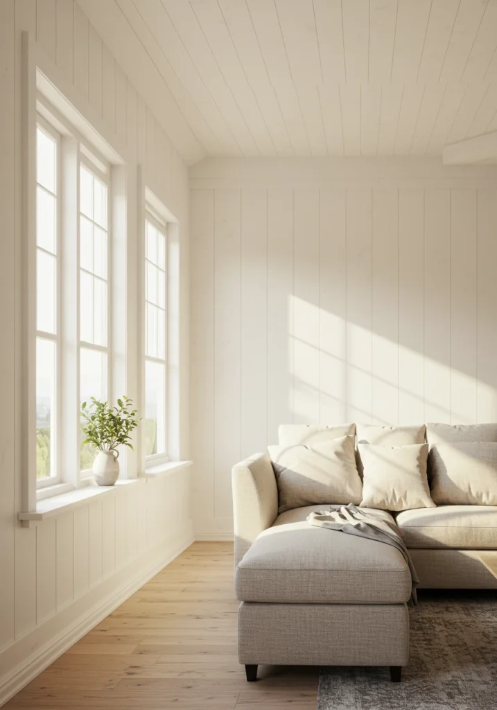 A bright white farmhouse living room with walls painted in a warm, creamy off-white color.