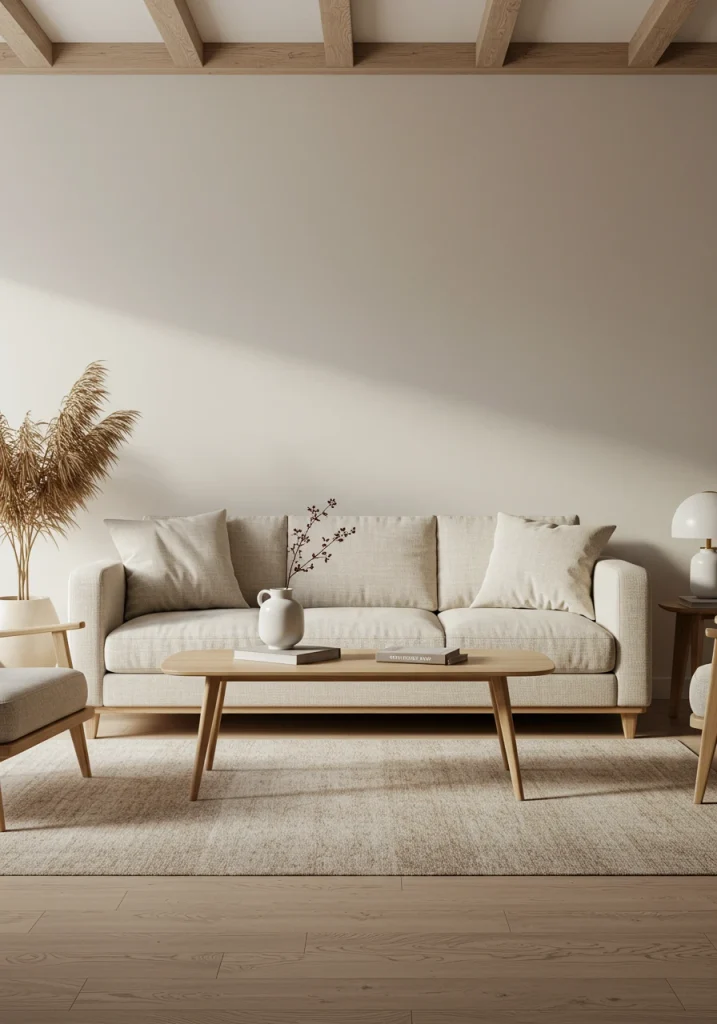 A warm and minimalist living room featuring a color combination of cream, beige, and natural wood tones.