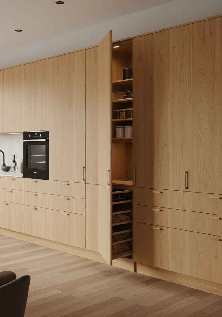an innovative walk-in pantry design featuring a hidden door that blends seamlessly with the kitchen cabinetry.
