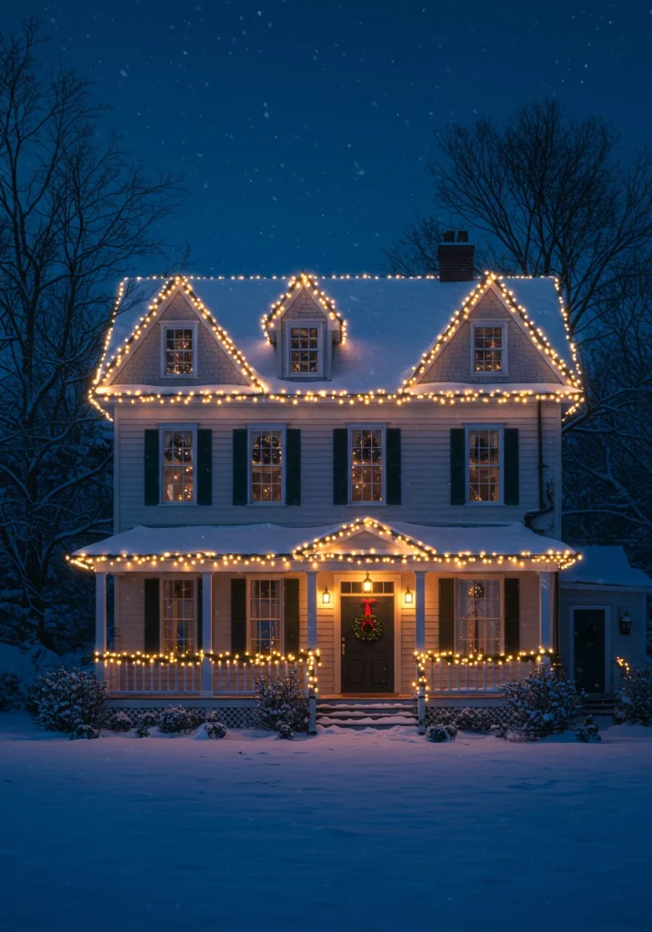 A top outdoor Christmas lights idea featuring the roofline of a home outlined in classic, warm white C9 bulbs.