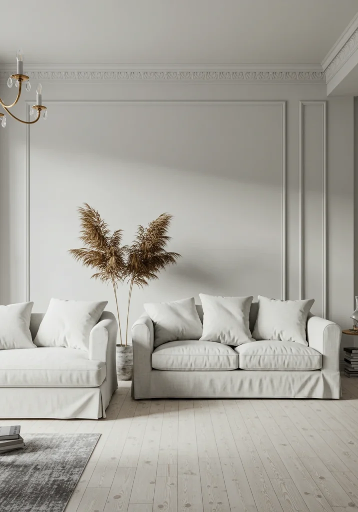 A light and airy gray living room with pale gray walls and a white sofa.