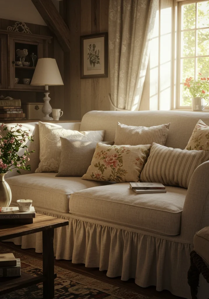 A cozy cottage living room featuring a comfortable, white slipcovered sofa and floral pillows.
