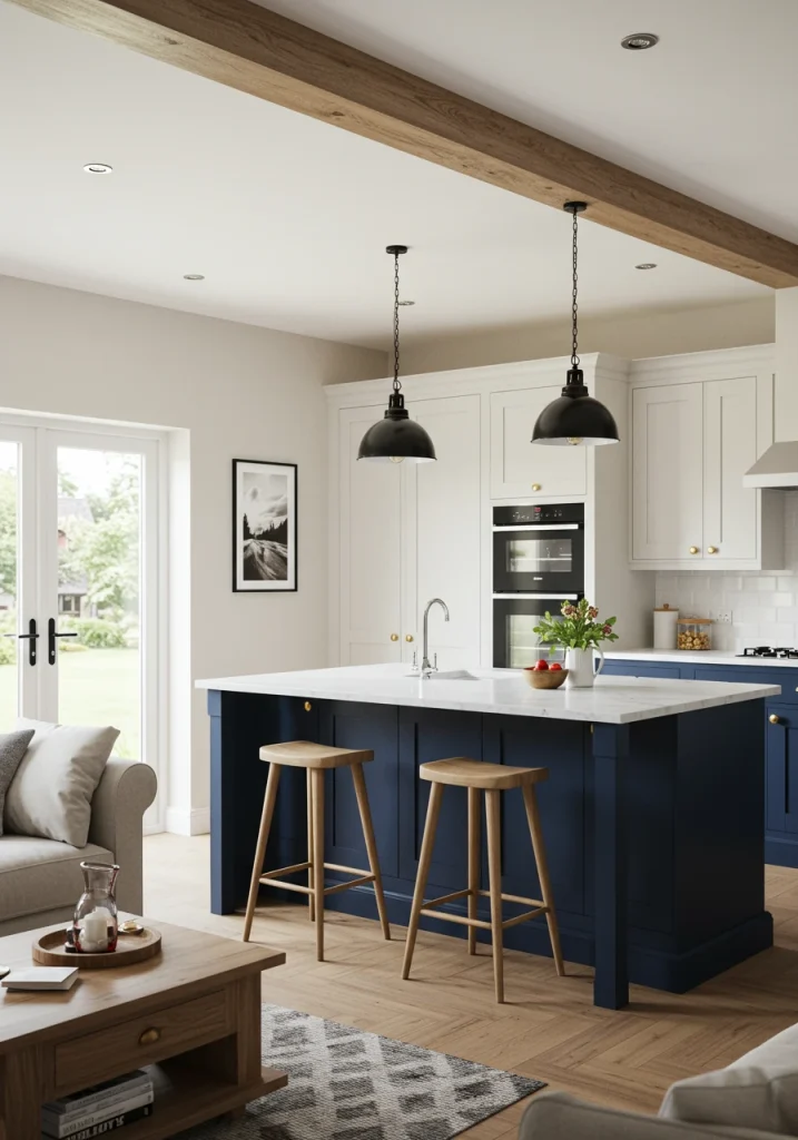 A smart open-plan layout showing a kitchen island with bar stools that visually divides the space from the living room.