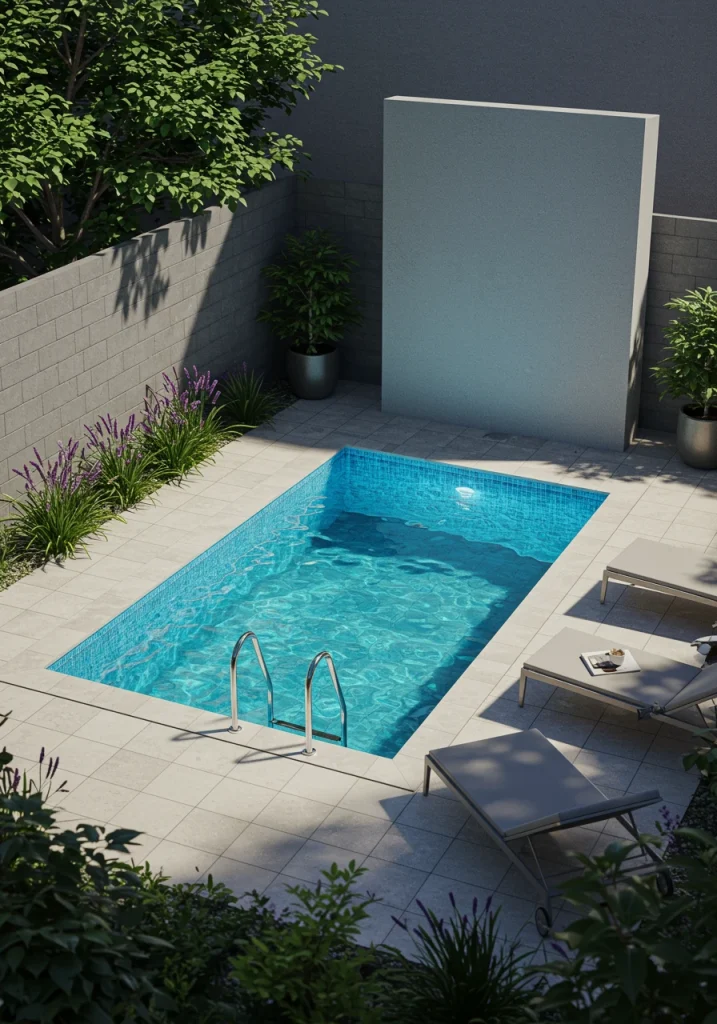 A modern small backyard featuring a rectangular plunge pool and a minimalist concrete patio.