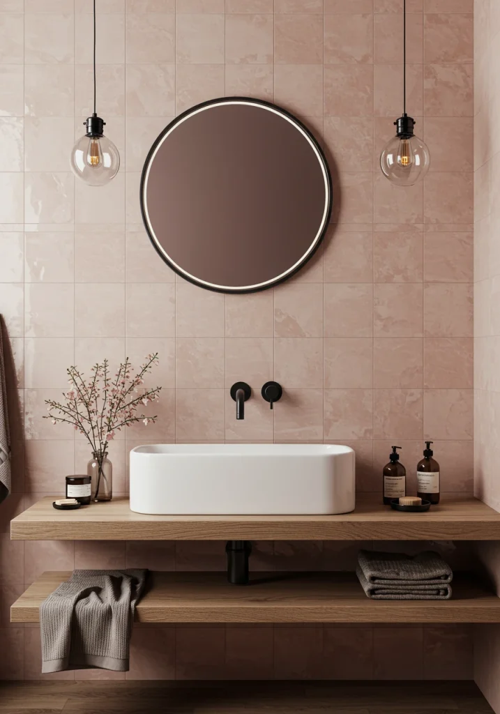 A chic bathroom with a trendy and sophisticated, blush pink color scheme.