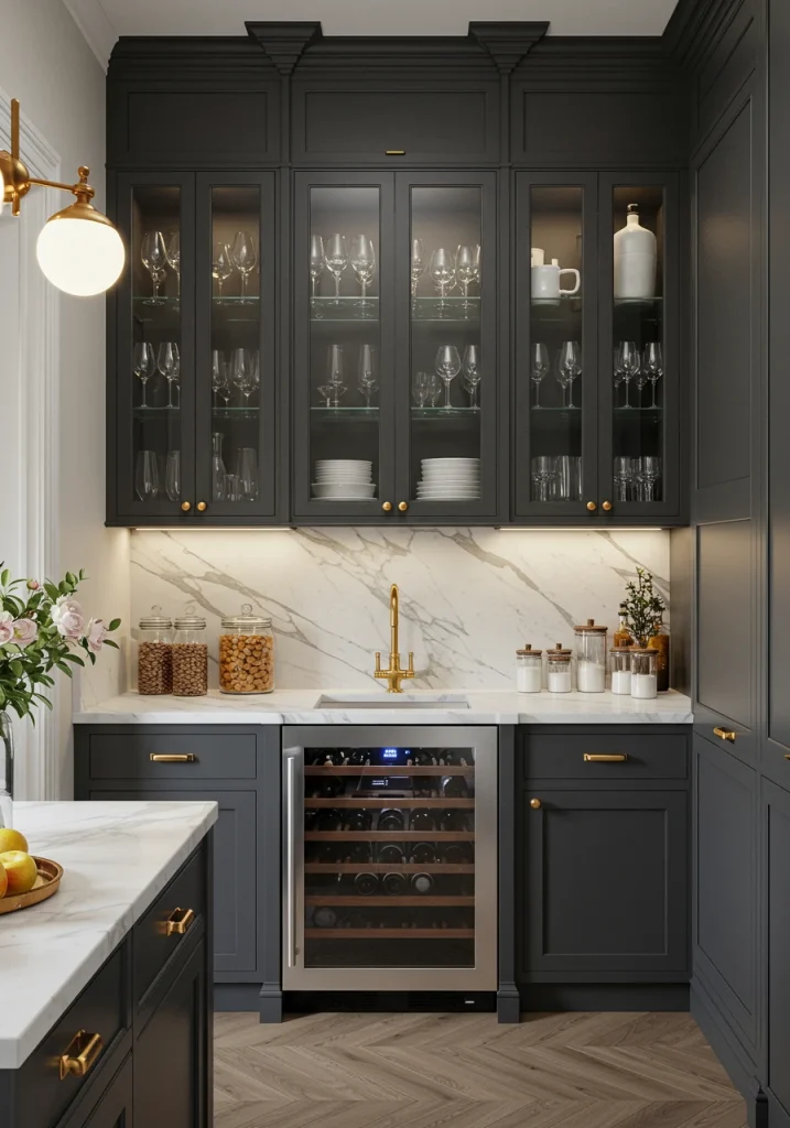 An innovative pantry design: a hybrid butler's pantry with a serving counter and food storage.