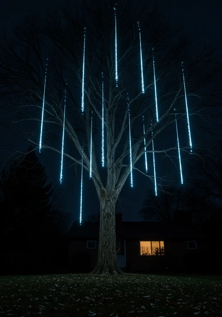 An innovative outdoor Christmas lighting idea using meteor lights to create a falling snow effect.