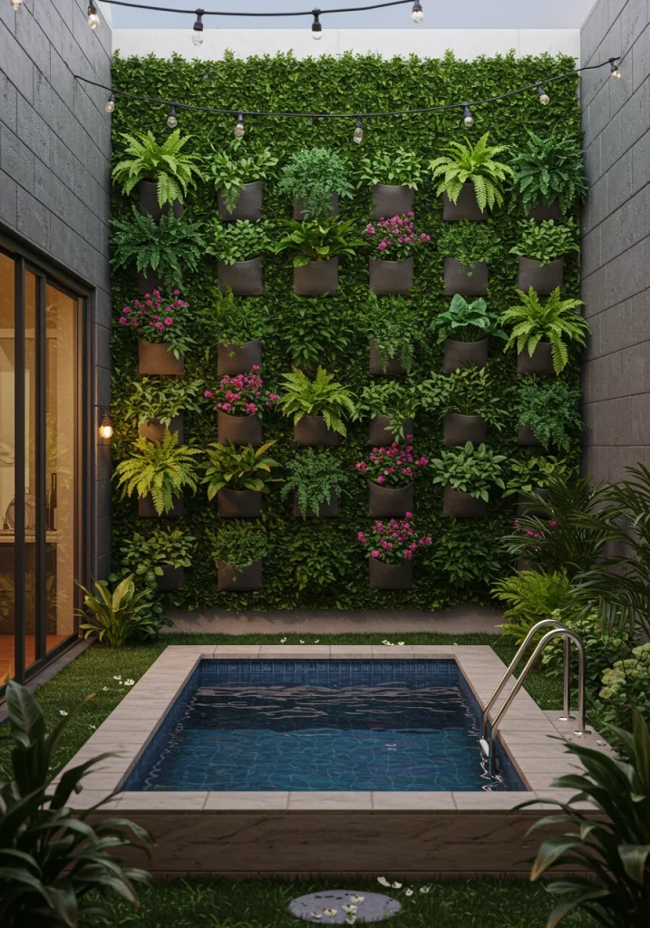 A vertical garden or living wall used to add lush greenery and privacy to a small backyard pool area.