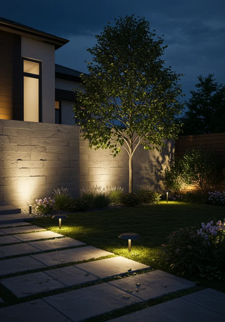 A modern front yard at night with artfully placed landscape lighting uplighting a tree and illuminating a path.