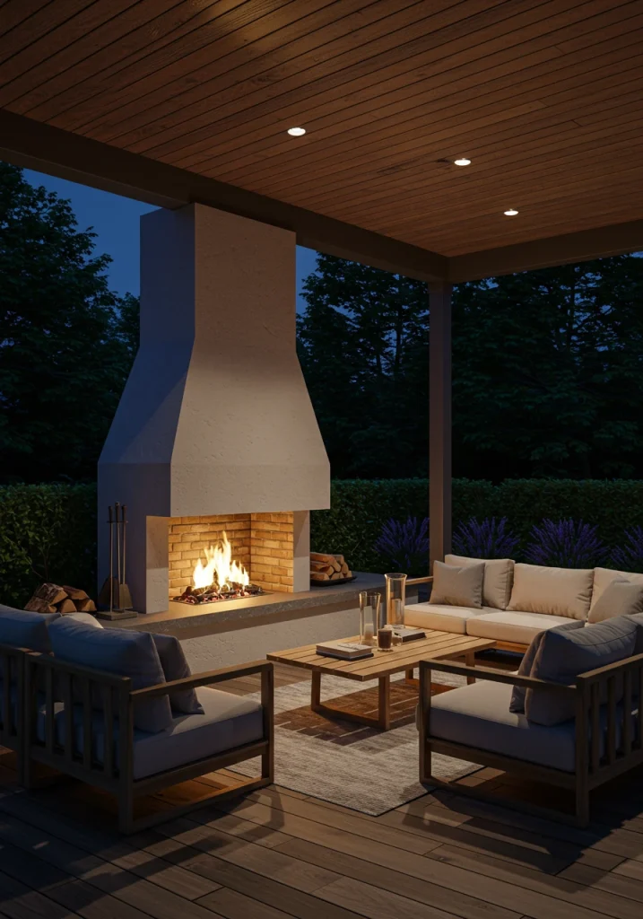 A cozy outdoor living room with a modern, built-in fireplace as a focal point.