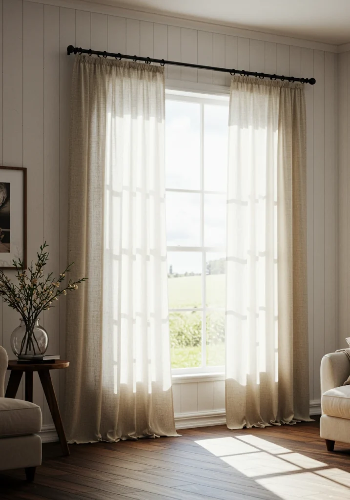 A bright farmhouse window with simple, breezy, natural linen curtains that gently filter sunlight.