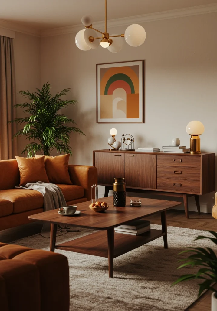 A warm, inviting living room featuring a color combination of a burnt orange sofa, cream walls, and dark wood furniture.