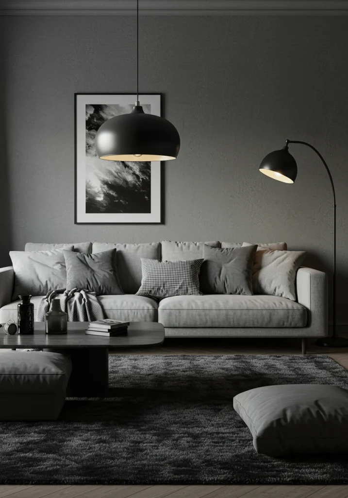 A sophisticated, layered, tonal gray living room using multiple shades of gray for a monochromatic look.