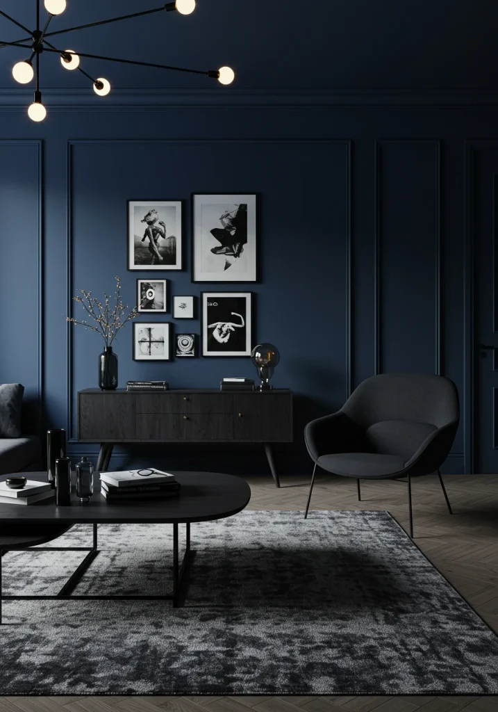 A moody blue living room featuring crisp, black accents in the furniture frames and artwork for definition.