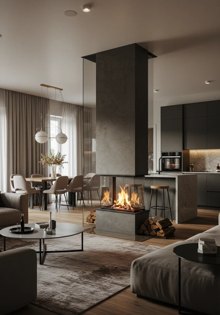 A creative "broken-plan" layout using a see-through, double-sided fireplace to divide the kitchen and living room.