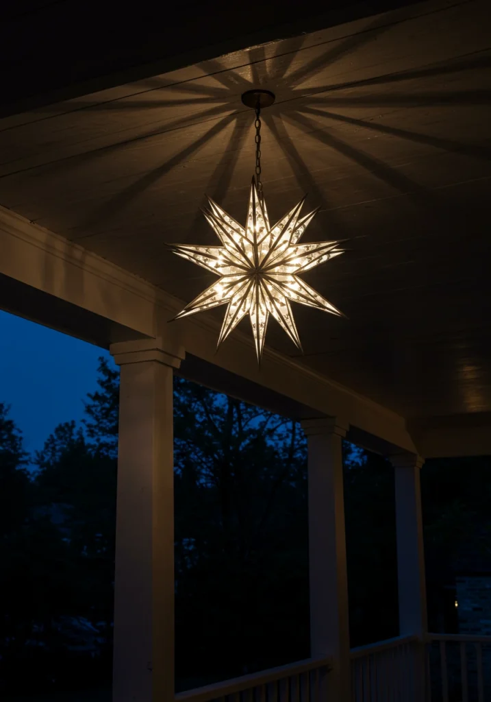 A stylish outdoor Christmas idea: a large, glowing Moravian star light hanging on a front porch.