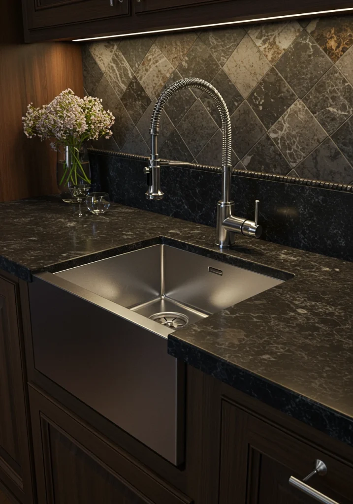 A luxury pantry design featuring a small, secondary prep sink for added functionality.
