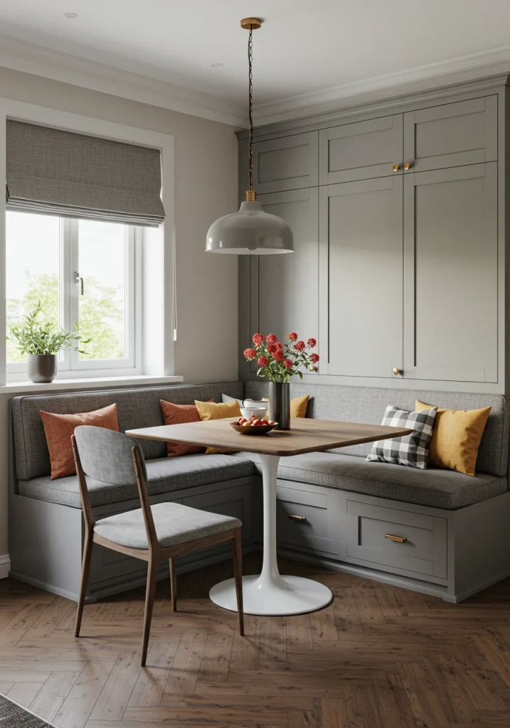 A space-saving, built-in dining banquette in the corner of a living room kitchen combo.