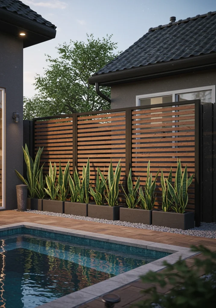 A modern, wood-slat privacy screen used to create a secluded feel in a small backyard.
