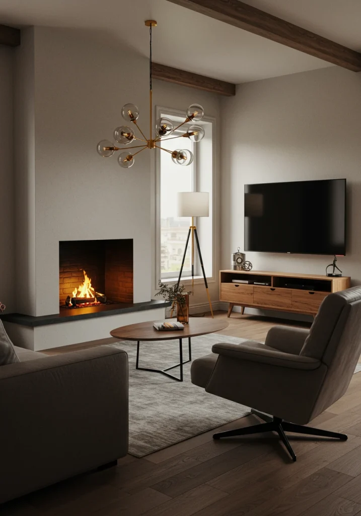 A flexible living room layout featuring a pair of modern swivel chairs to address two focal points.