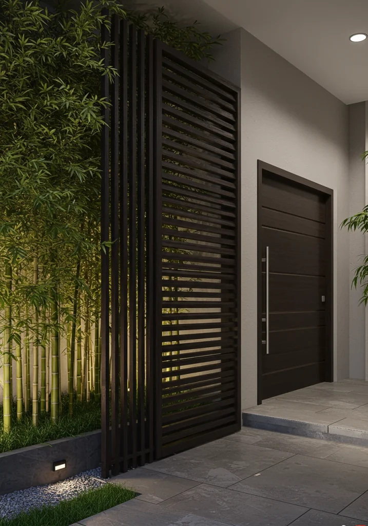 A modern front yard using a vertical wood slat screen and tall bamboo to add height and privacy.