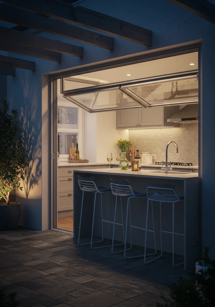 A functional indoor-outdoor living space with a large, pass-through window creating a kitchen bar.