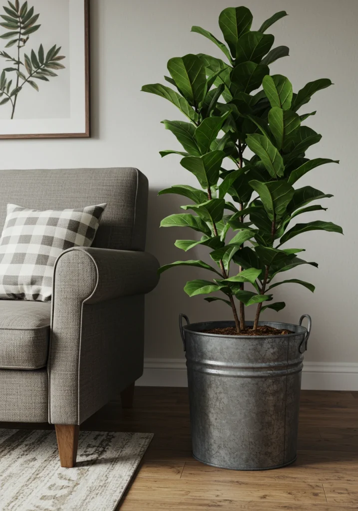 A vintage, galvanized metal olive bucket repurposed as a rustic planter in a white farmhouse living room.