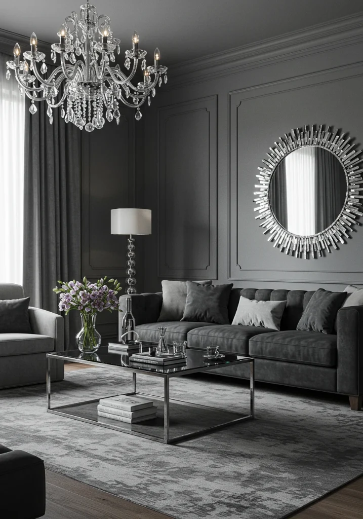 A glamorous gray living room featuring shiny, cool-toned metallic accents like chrome and silver.