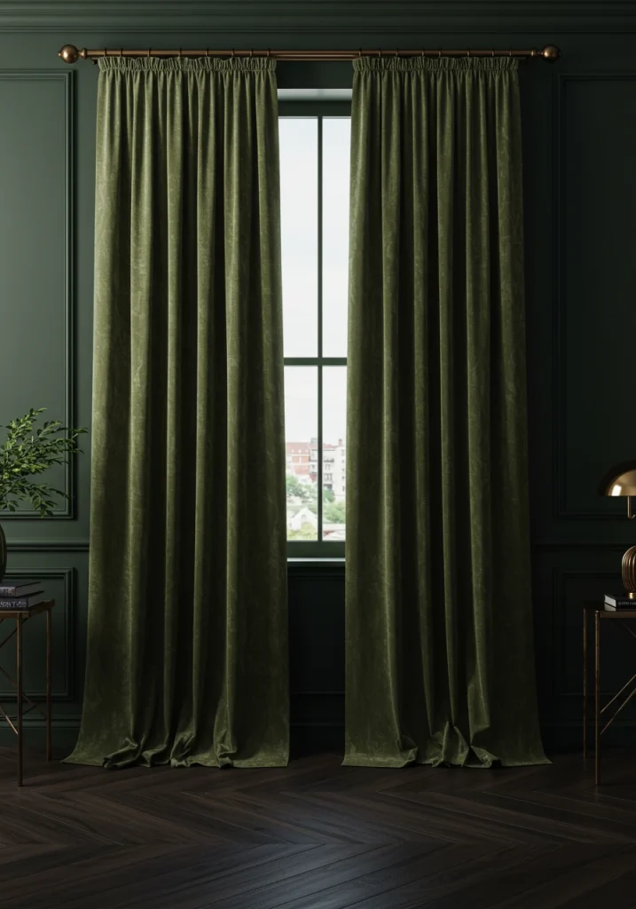 A moody living room with heavy, luxurious, floor-to-ceiling velvet curtains adding to the cozy, enveloping feel.