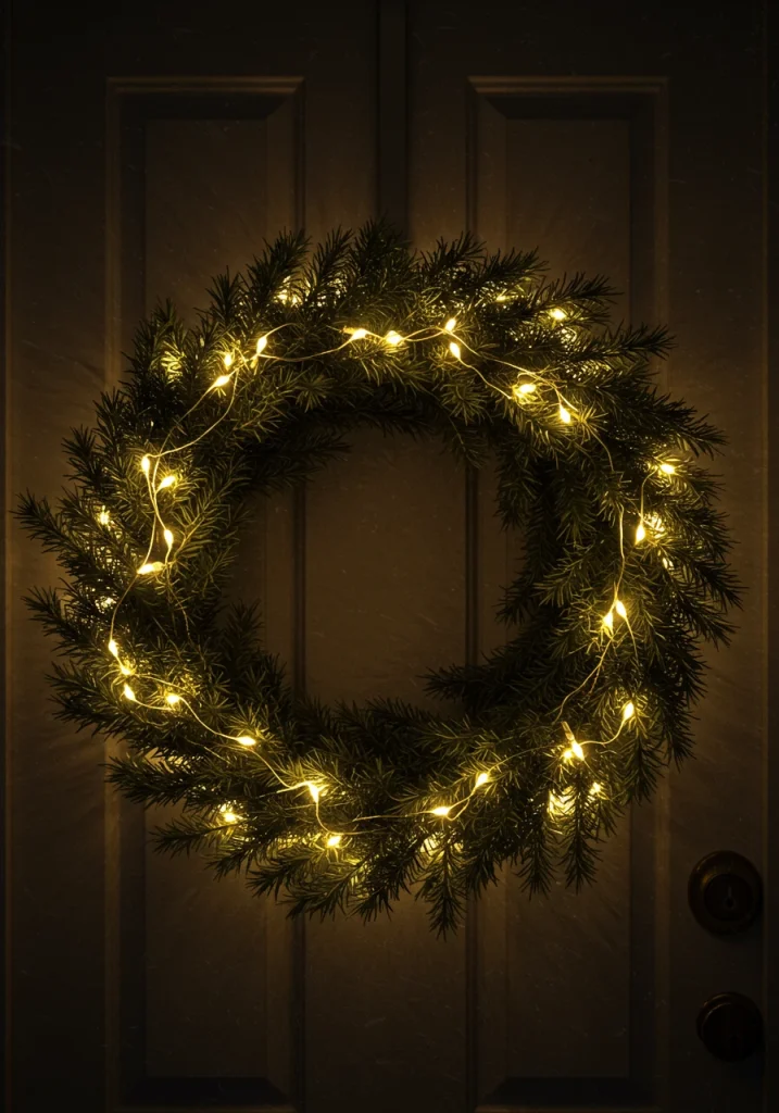 A Christmas wreath on a front door, beautifully illuminated with a string of fairy lights.