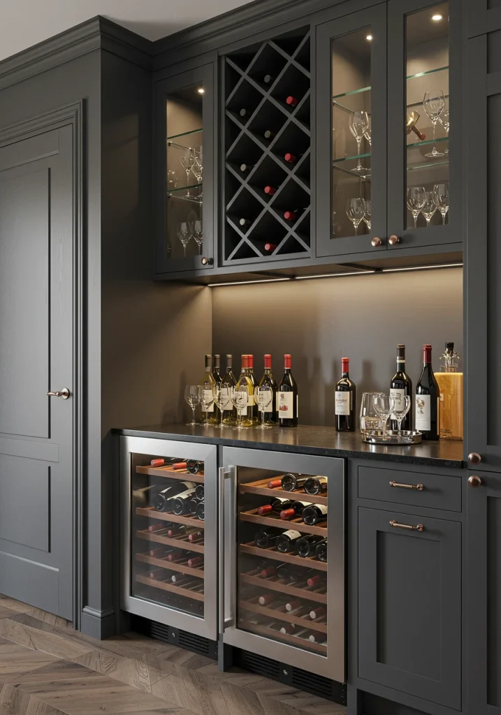An innovative pantry design with a built-in wine rack and wine fridge, creating a bar area.