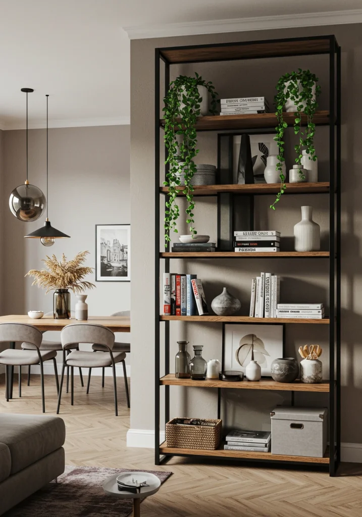 A tall, open-backed bookcase used as a stylish and functional room divider in an open-plan space.