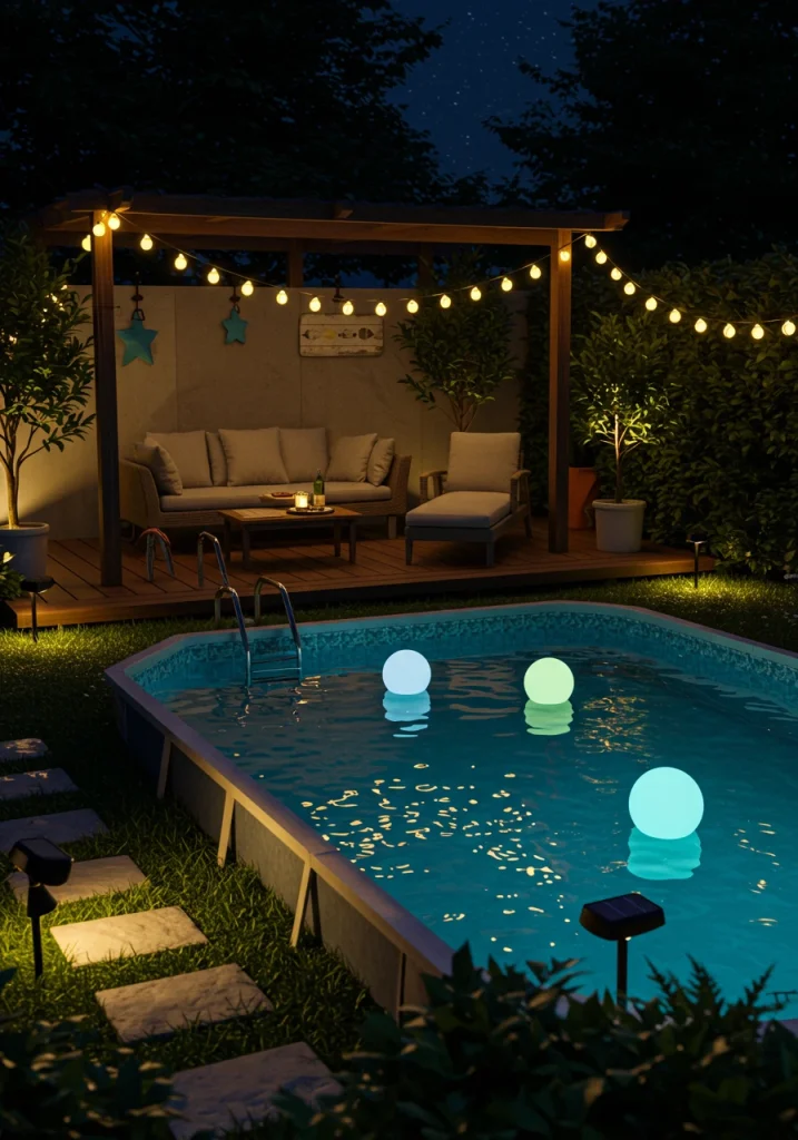 a small backyard pool area illuminated at night with a variety of stylish, solar-powered lights.