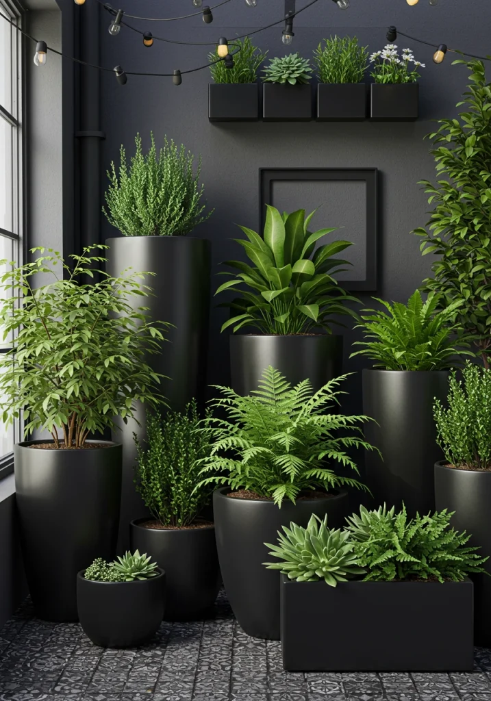 A sophisticated small backyard with a unified color palette of all matte black planters.