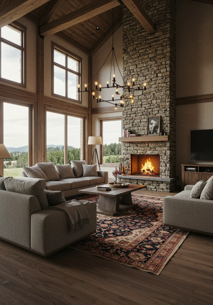 A cozy, floating furniture layout in an open-plan living room, anchored by a large rug and a fireplace.