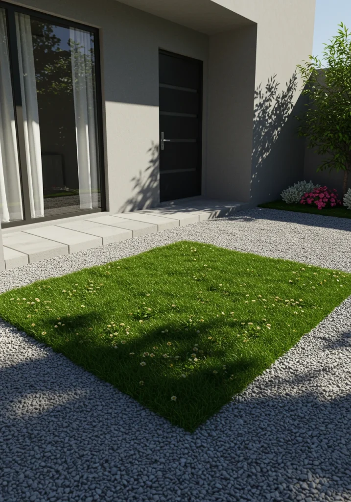 A modern front yard with a small, rectangular lawn panel set in a field of gray gravel.