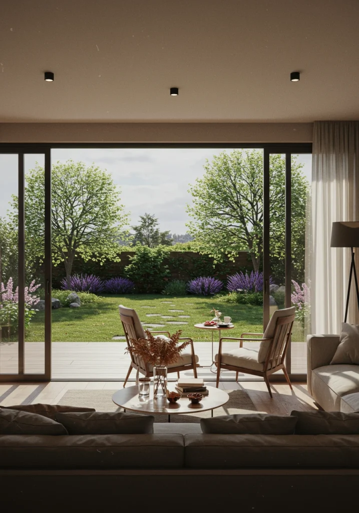 A living room layout where the furniture is arranged to face the large open doors and the outdoor view.