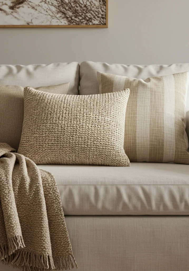 A cozy collection of neutral-toned pillows and a throw blanket in various textures on a white farmhouse sofa.
