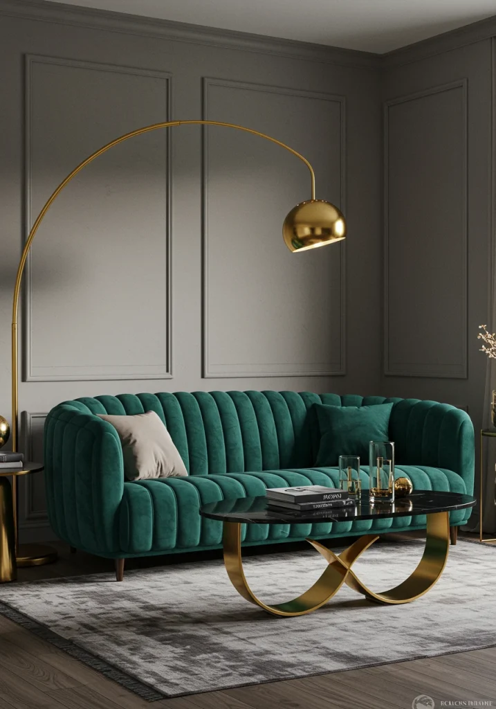 A glamorous living room featuring a color combination of a deep teal velvet sofa, gray walls, and gold accents.