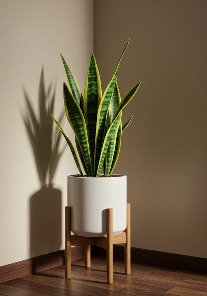 A classic mid-century modern scene with a tall Snake Plant in a ceramic pot on a wooden plant stand.