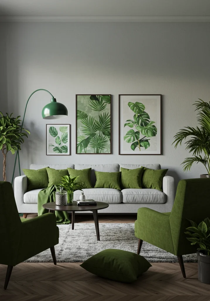 An earthy and organic gray living room with beautiful green accents in the furniture and plants.