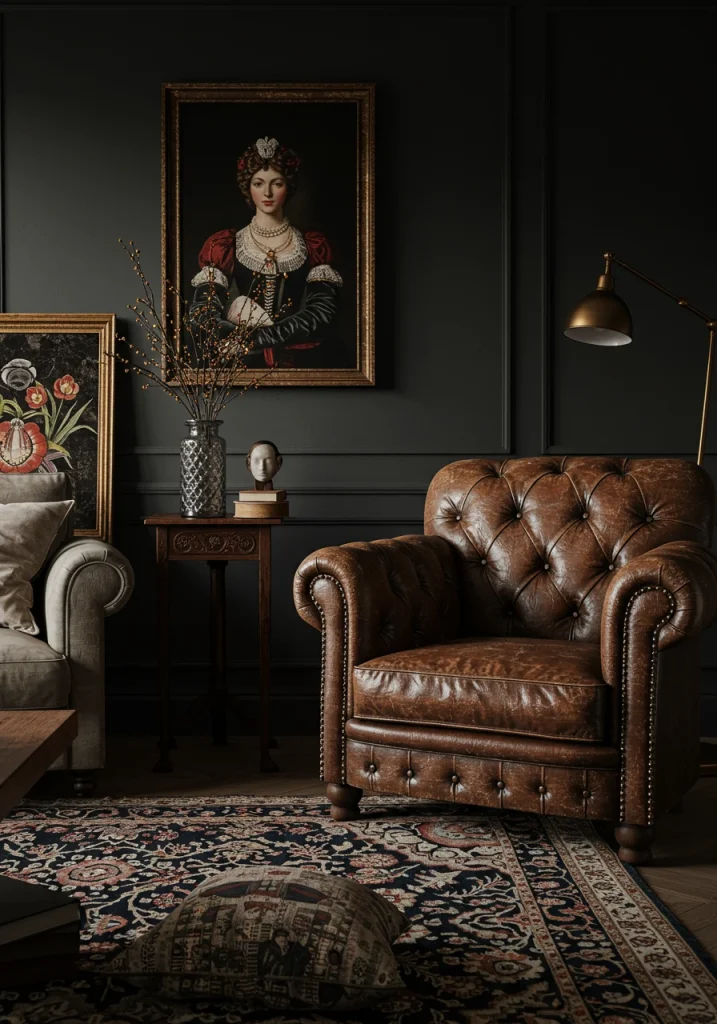 A moody living room with a curated mix of modern furniture and vintage and antique pieces, like a leather armchair.